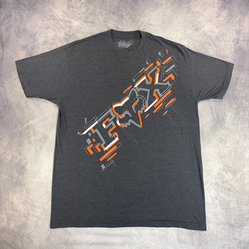 Fox Racing T Shirt Mens Large Grey Orange Graphic Logo Motocross Crew Neck